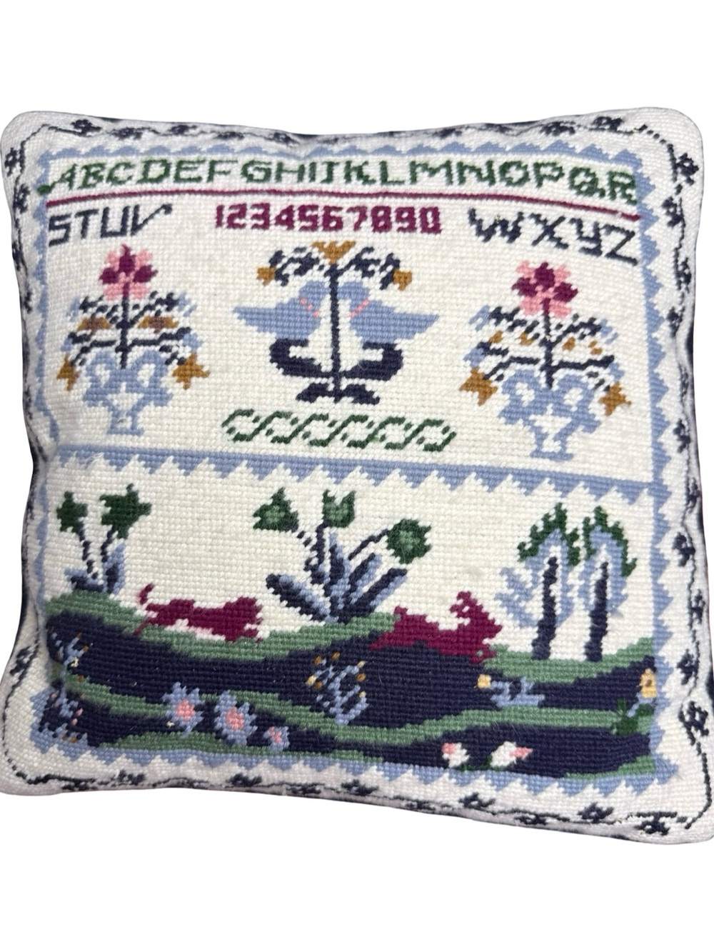 Vintage Needlepoint Pillow 13x13 Blue Birds Alphabet Sampler Velvet Back